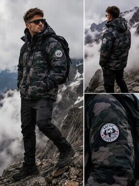 Arctic Expedition Camo Down & Feather Hooded Puffer Jacket Men's M Winter Coat
